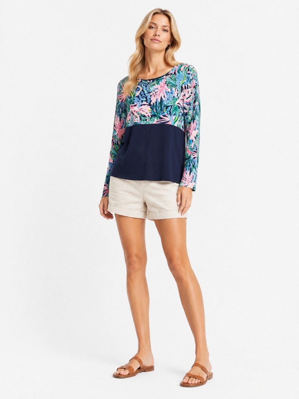 Lilly Pulitzer Size L Navy Floral Colorblock Long-Sleeve Tee